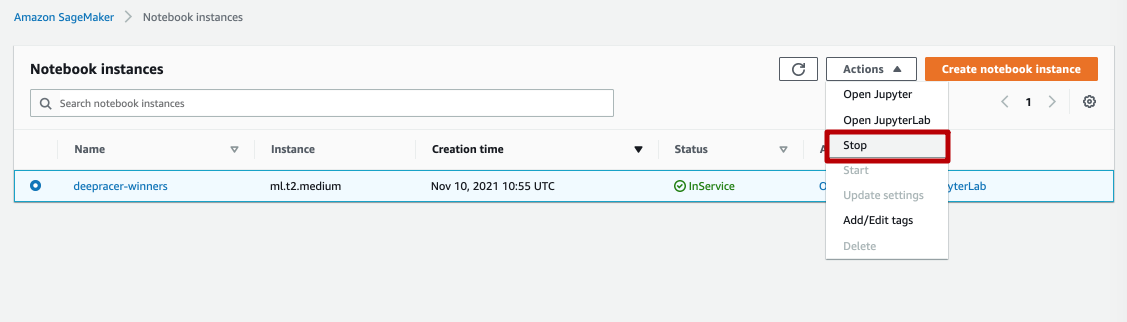 Where to stop the SageMaker Notebook