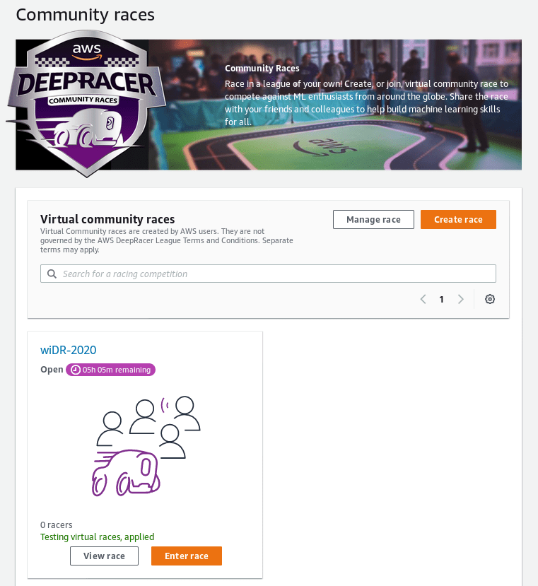 Source: AWS DeepRacer Console, Community races view