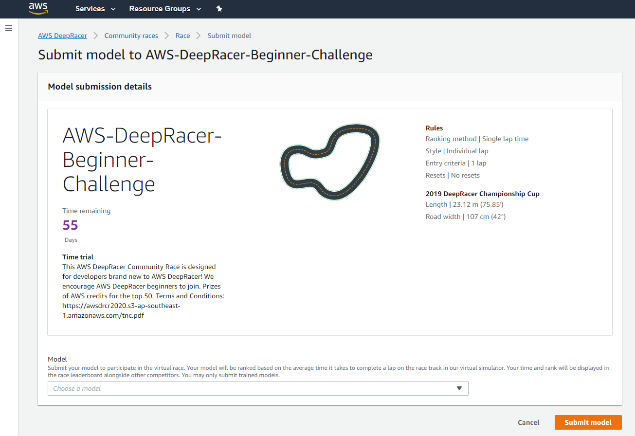 AWS DeepRacer Beginner Challenge Community Race 2020 Submit Model