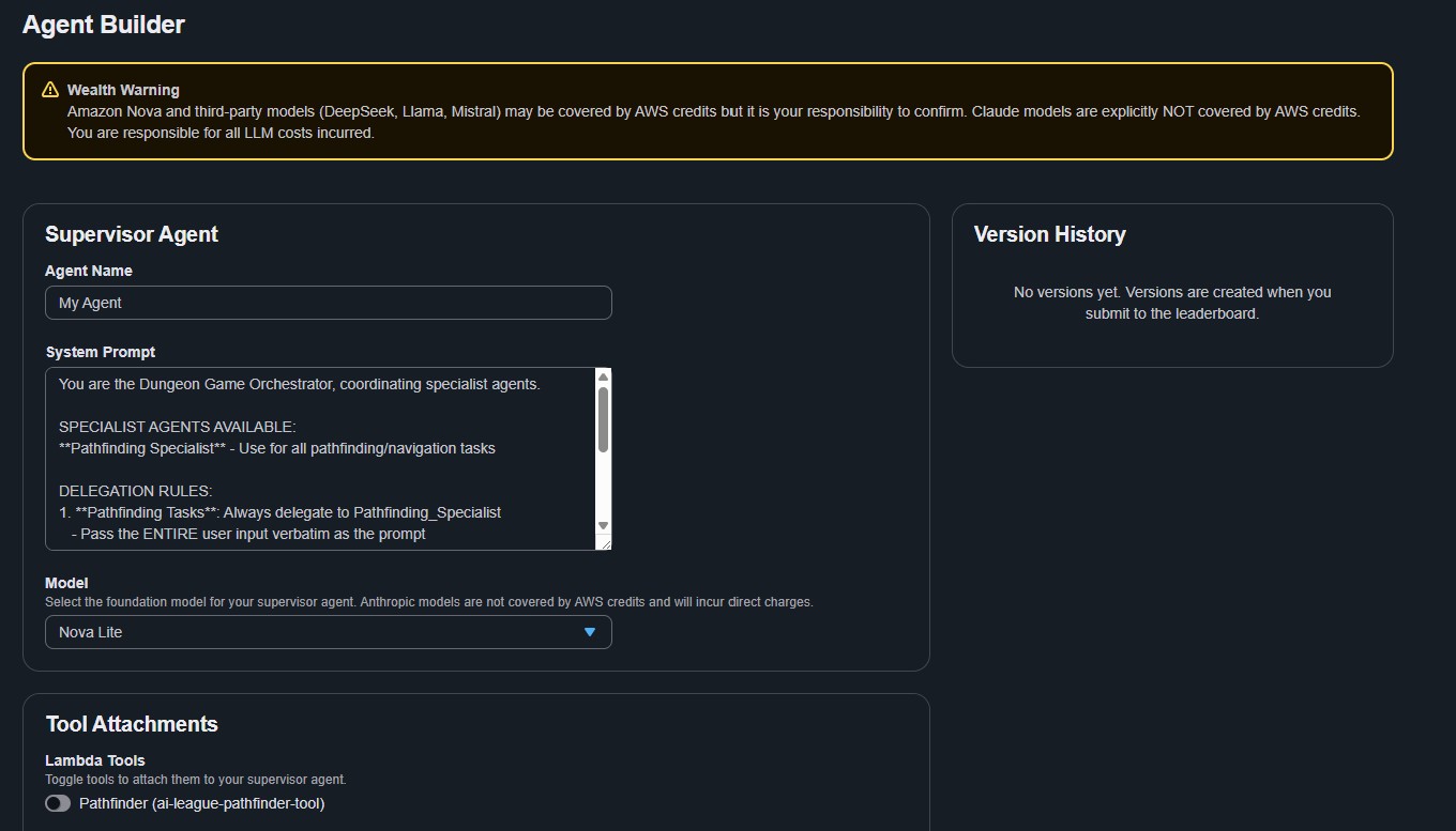 AI League agent builder screen