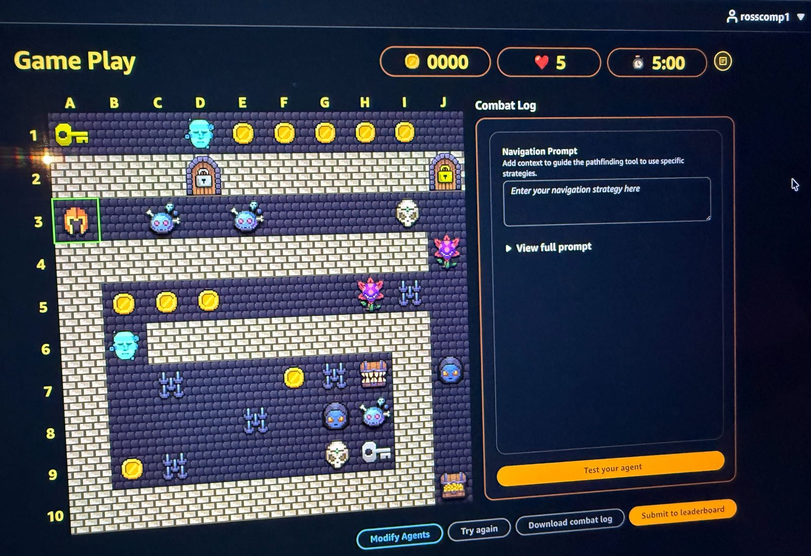 The AWS AI League game play screen showing a ten by ten dungeon map with keys, locked doors, coins, spike traps, monsters and treasure chests, beside the navigation prompt and combat log panel