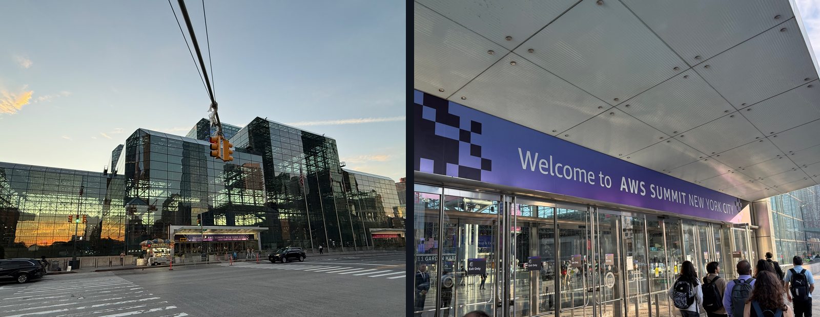 Left, the Javits Center in New York. Right, attendees walking in under the Welcome to AWS Summit New York City sign