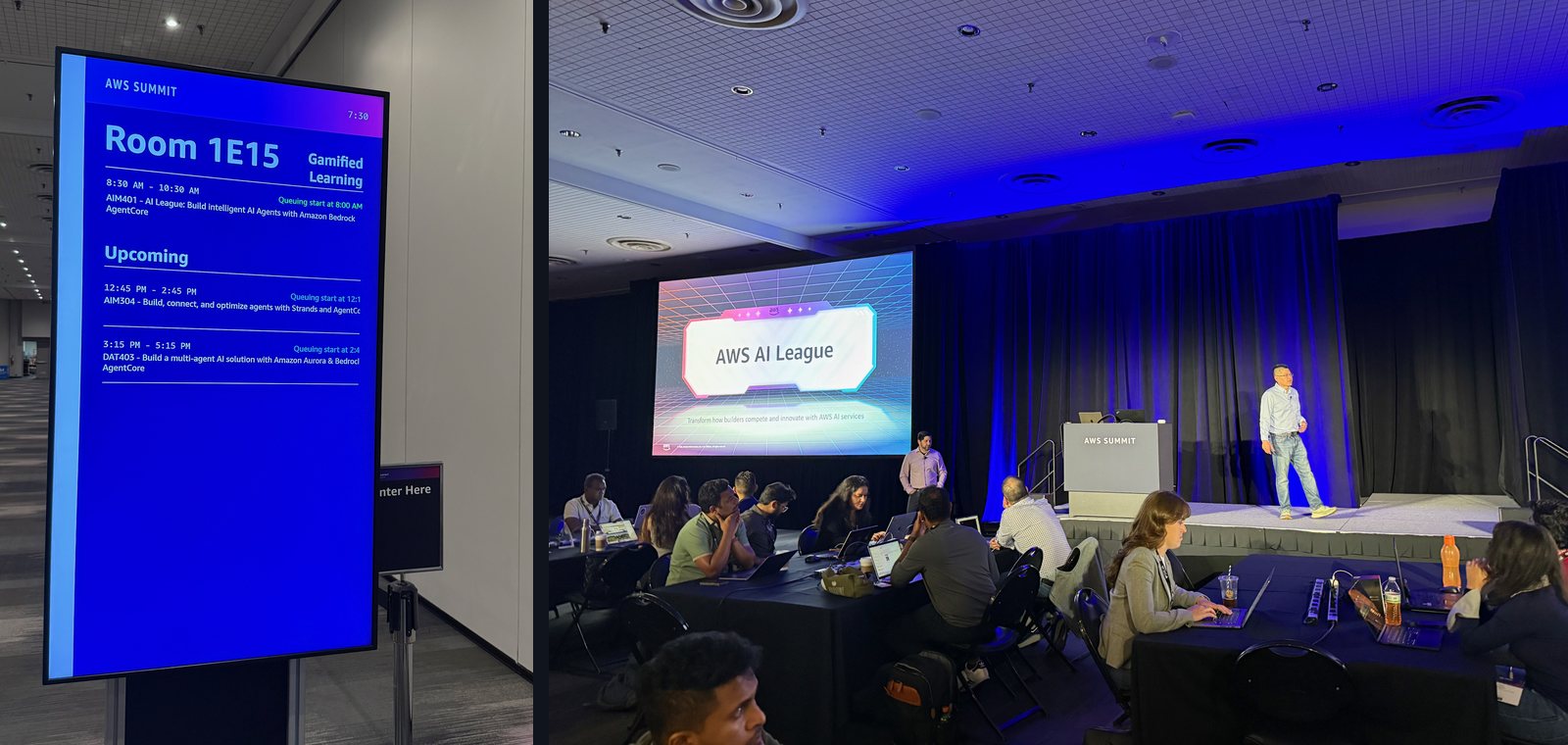 Left, the hallway sign for Room 1E15 listing session AIM401, AI League: Build Intelligent AI Agents with Amazon Bedrock AgentCore. Right, the session room with the AWS AI League title slide on screen and competitors at laptops