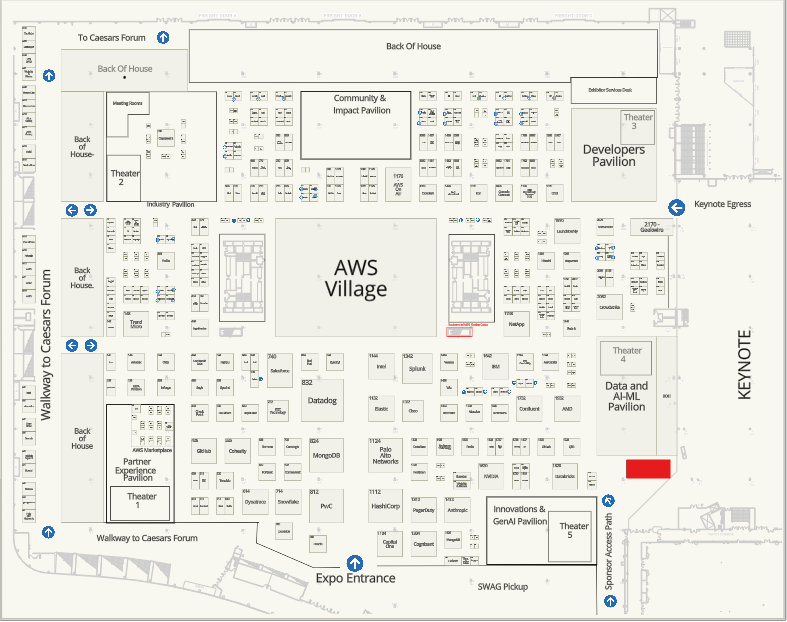 Map of the expo floor (Source: https://awsreinvent24.mapyourshow.com/8_0/floorplan/)